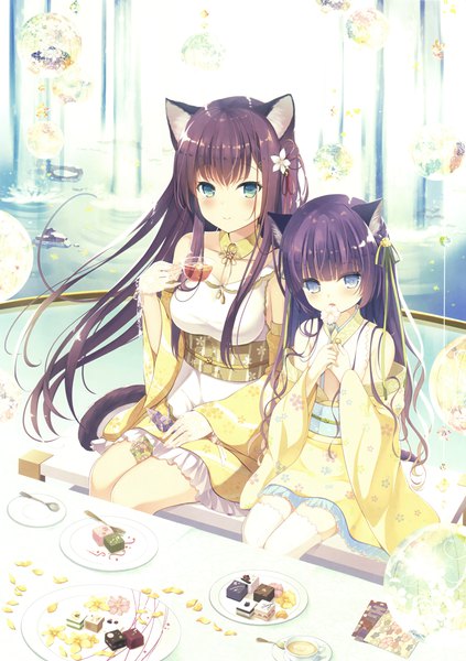 Anime picture 2116x3000 with original eshi 100-nin ten fumuyun long hair tall image looking at viewer blush fringe highres blue eyes smile sitting multiple girls animal ears purple hair tail traditional clothes japanese clothes animal tail cat ears