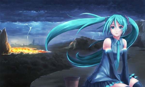 Anime picture 1500x900 with vocaloid hello planet (vocaloid) hatsune miku sashimin single long hair wide image twintails aqua eyes aqua hair mountain lightning lava girl skirt detached sleeves miniskirt necktie