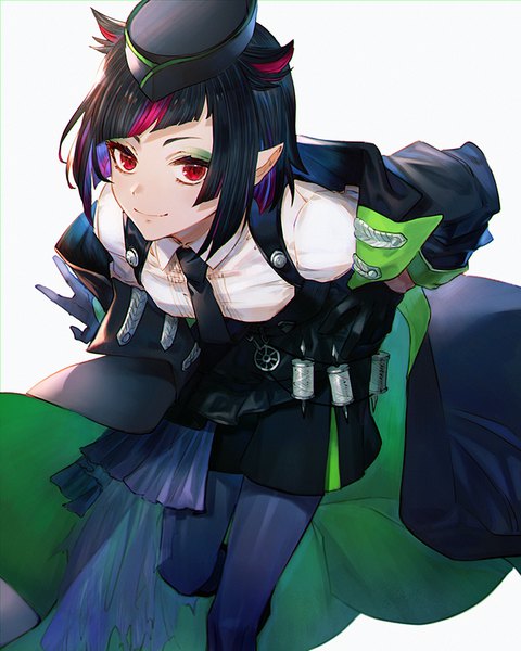 Anime picture 720x900 with twisted wonderland lilia vanrouge rowya single tall image looking at viewer short hair black hair simple background smile red eyes white background multicolored hair pointy ears streaked hair hand on hip eyeshadow boy gloves hat