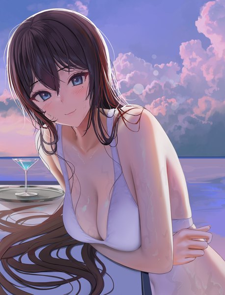 Anime picture 2088x2736 with original tokkihouse single long hair tall image looking at viewer blush fringe highres breasts blue eyes light erotic black hair smile hair between eyes large breasts sky cleavage outdoors mole