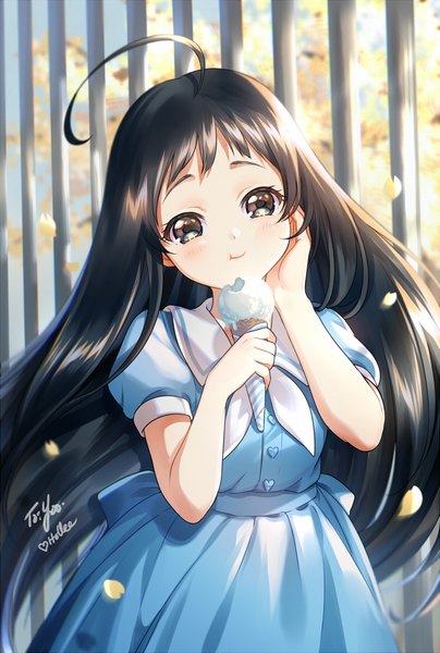 Anime picture 743x1101 with original kaze-hime single long hair tall image looking at viewer blush fringe black hair smile standing holding brown eyes signed payot ahoge outdoors wind depth of field eating