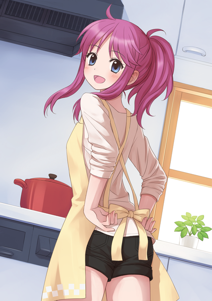 Anime picture 606x861 with original kuro (chrono) single long hair tall image looking at viewer blush fringe open mouth blue eyes standing payot pink hair ahoge ponytail indoors head tilt :d looking back from behind