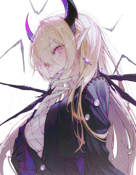Anime picture 763x982 with legendary sword rabbi (legendary sword) andi 1021 single long hair tall image looking at viewer blush fringe simple background blonde hair hair between eyes white background upper body profile pink eyes horn (horns) pointy ears sparkle girl
