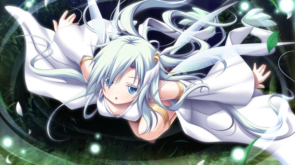 Anime picture 1280x720 with tenbin no la dea eushully single long hair looking at viewer open mouth blue eyes wide image blue hair game cg girl dress detached sleeves wings leaf (leaves)