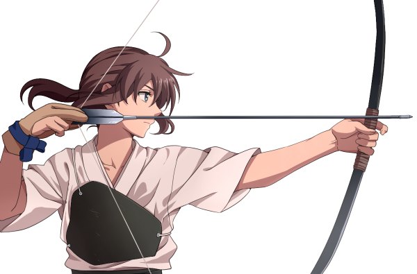 Anime picture 1200x790 with original banben zhiyao single fringe simple background brown hair standing white background holding green eyes looking away profile wide sleeves girl weapon single glove bow (weapon) arrow (arrows)