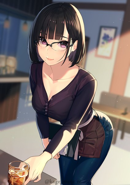Anime picture 1736x2456 with original kagematsuri single tall image looking at viewer blush fringe highres short hair breasts black hair smile standing signed cleavage indoors blunt bangs pink eyes sunlight blurry