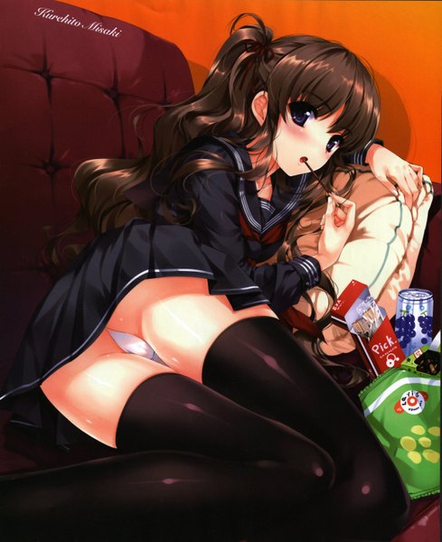 Anime picture 4949x6074 with dengeki moeou comptiq misaki kurehito single long hair tall image blush highres open mouth light erotic brown hair purple eyes twintails absurdres ass scan eating reclining product placement girl