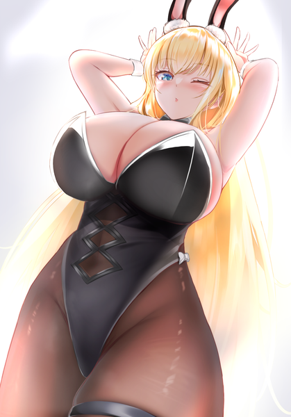 Anime picture 1650x2364 with azur lane north carolina (azur lane) north carolina (the heart's desire) (azur lane) sano sho single long hair tall image looking at viewer blush fringe breasts blue eyes light erotic simple background blonde hair standing animal ears cleavage one eye closed arms up