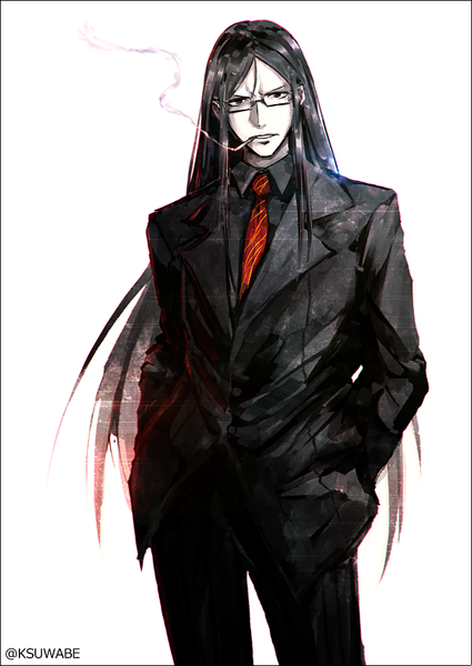 Anime picture 629x888 with fate (series) fate/grand order waver velvet lord el-melloi ii kei-suwabe single long hair tall image looking at viewer black hair simple background standing white background signed black eyes twitter username smoke hands in pockets smoking boy