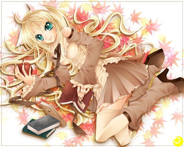 Anime picture 1280x1024 with original midzuki single long hair looking at viewer blonde hair bare shoulders animal ears aqua eyes cat ears girl thighhighs dress ribbon (ribbons) detached sleeves white thighhighs boots book (books) leaf (leaves)