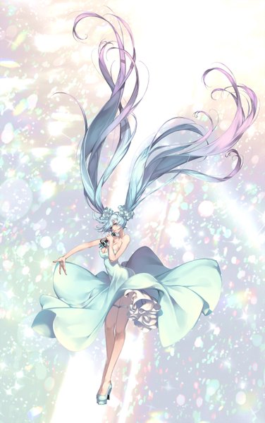 Anime picture 2000x3189 with vocaloid hatsune miku yato single tall image looking at viewer fringe highres breasts blue eyes large breasts standing twintails bare shoulders blue hair very long hair multicolored hair high heels alternate costume legs