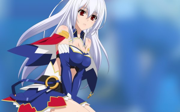 Anime picture 2560x1600 with madan no ou to vanadis eleonora viltaria wave ride single long hair looking at viewer highres light erotic red eyes bare shoulders white hair blue background girl dress detached sleeves