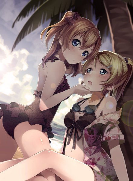 Anime picture 2835x3855 with love live! school idol project sunrise (studio) love live! ayase eli kousaka honoka pixiv id10180905 long hair tall image looking at viewer blush fringe highres breasts open mouth blue eyes light erotic blonde hair brown hair large breasts sitting