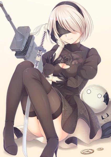 Anime picture 1041x1473 with nier nier:automata yorha no. 2 type b umitonakai single tall image short hair light erotic simple background smile sitting bent knee (knees) white hair light smile mole puffy sleeves cleavage cutout mole under mouth between legs sheathed