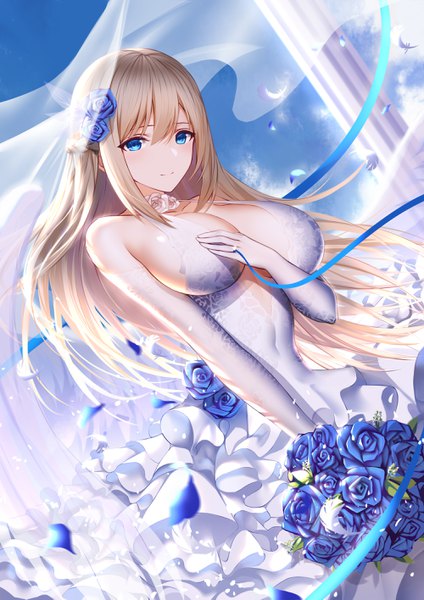 Anime picture 2000x2829 with warship girls r lexington (warship girls r) an yasuri single long hair tall image looking at viewer blush fringe highres breasts blue eyes light erotic blonde hair smile hair between eyes large breasts standing bare shoulders payot