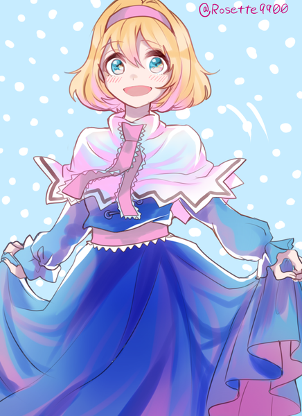 Anime picture 800x1100 with touhou alice margatroid rosette (roze-ko) single tall image looking at viewer blush short hair open mouth blue eyes blonde hair signed blue background polka dot polka dot background girl dress hairband
