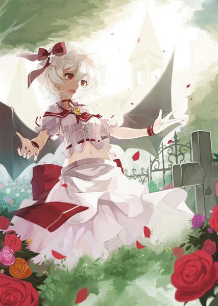 Anime picture 850x1193 with touhou remilia scarlet nanahara fuyuki single tall image short hair breasts open mouth red eyes sky white hair nail polish wind midriff bat wings alternate color girl dress skirt navel