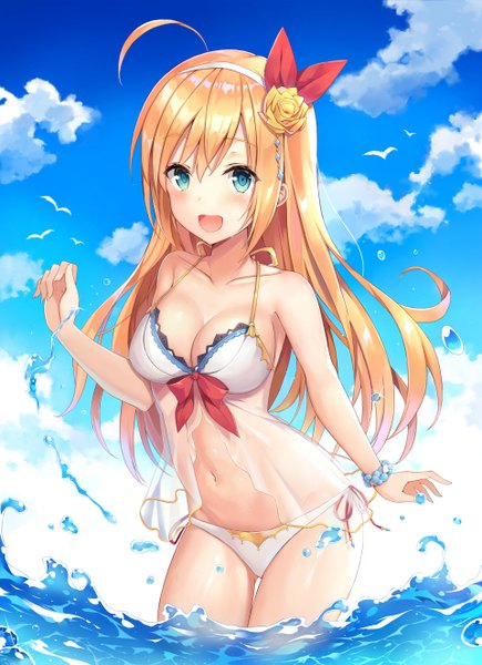 Anime picture 1919x2644 with princess connect! re:dive princess connect! pecorine (princess connect!) jasony single long hair tall image looking at viewer blush fringe highres breasts open mouth blue eyes light erotic blonde hair smile hair between eyes large breasts standing