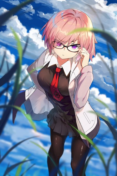 Anime picture 1000x1500 with fate (series) fate/grand order mash kyrielight baisi shaonian single tall image looking at viewer fringe short hair standing purple eyes pink hair cloud (clouds) outdoors hair over one eye from below leaning leaning forward frown adjusting glasses