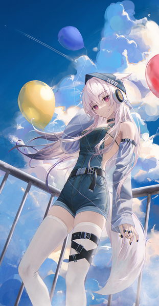 Anime picture 1198x2311 with arknights frostleaf (arknights) flippy (cripine111) single long hair tall image looking at viewer fringe breasts light erotic hair between eyes large breasts standing animal ears sky cloud (clouds) outdoors white hair tail long sleeves