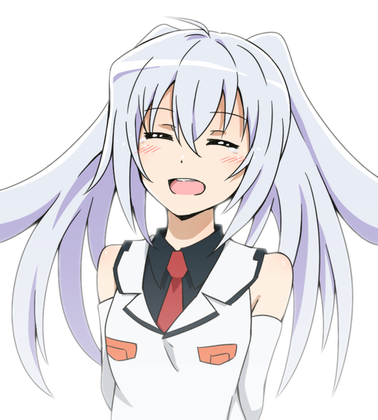 Anime picture 900x1000 with plastic memories isla (plastic memories) akatsuki (artist) single long hair tall image blush fringe open mouth simple background hair between eyes white background twintails bare shoulders payot silver hair upper body ahoge eyes closed head tilt
