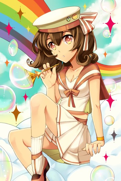 Anime picture 800x1200 with original anje single tall image short hair brown hair legs multicolored eyes girl skirt hat socks bubble (bubbles) sailor suit rainbow striped socks
