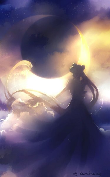Anime picture 624x1000 with bishoujo senshi sailor moon toei animation tsukino usagi sailor moon kaminary single tall image fringe blonde hair standing twintails signed cloud (clouds) very long hair night night sky crescent girl dress moon