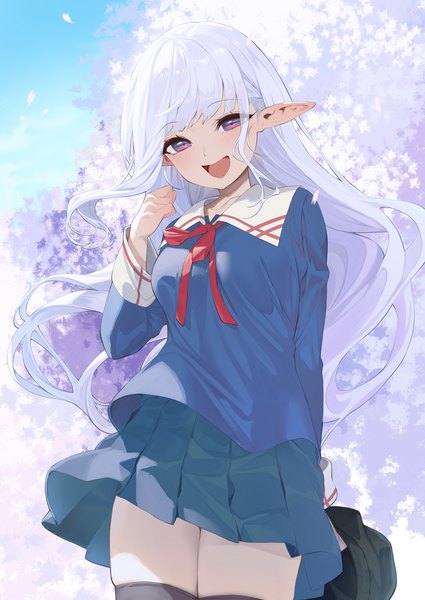 Anime picture 850x1200 with nihon e youkoso elf-san. mariabelle (elf-san) yappen single long hair tall image open mouth purple eyes silver hair :d pleated skirt wind pointy ears cherry blossoms elf girl skirt uniform miniskirt serafuku