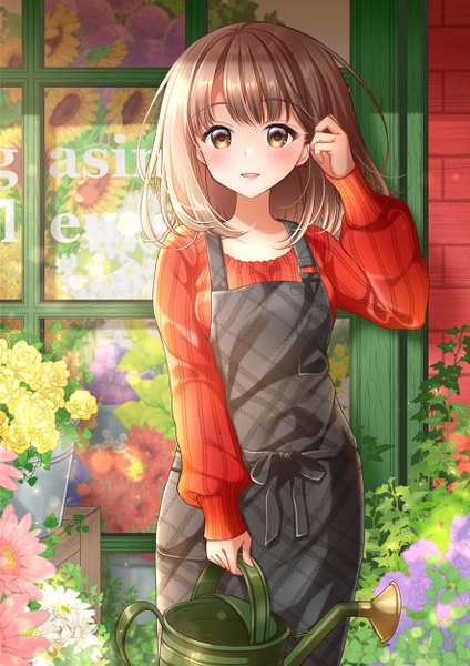 Anime picture 883x1248 with original kawanobe single tall image looking at viewer blush fringe short hair open mouth smile brown hair standing holding brown eyes outdoors arm up adjusting hair girl flower (flowers) apron