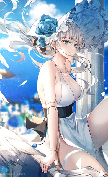 Anime picture 1000x1639 with original unity (ekvmsp02) single long hair tall image fringe breasts light erotic hair between eyes large breasts sitting bare shoulders signed looking away sky cleavage silver hair cloud (clouds) outdoors blurry