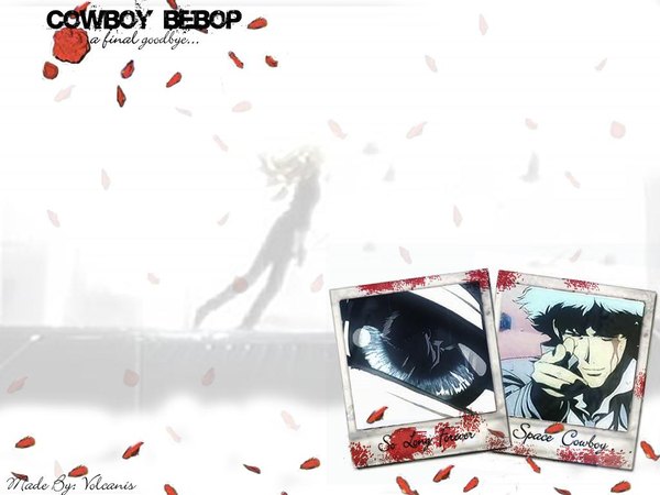 Anime picture 1024x768 with cowboy bebop sunrise (studio) spike spiegel single white background copyright name third-party edit silhouette boy petals photo (object)