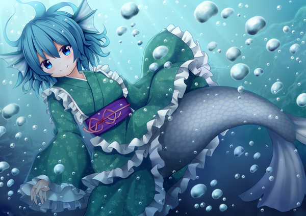 Anime picture 3507x2480 with touhou wakasagihime suigetsu (watermoon-910) single looking at viewer highres short hair blue eyes smile animal ears blue hair absurdres traditional clothes japanese clothes floating hair girl underwear frills kimono obi