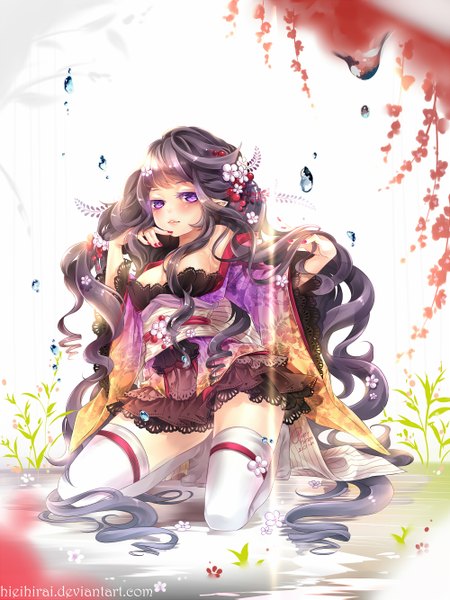 Anime picture 1000x1333 with original hieihirai single tall image blush breasts light erotic black hair bare shoulders very long hair nail polish pink eyes hair flower kneeling drill hair naughty face girl thighhighs hair ornament flower (flowers)