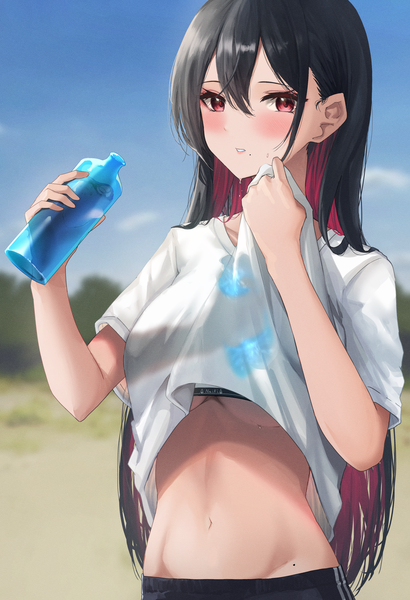 Anime picture 2417x3541 with original amane sora single long hair tall image looking at viewer blush fringe highres breasts light erotic black hair hair between eyes red eyes standing holding sky cloud (clouds) outdoors parted lips