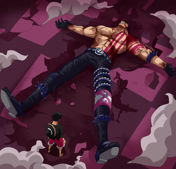 Anime picture 2000x1925 with one piece toei animation monkey d. luffy charlotte katakuri fanalishiro highres short hair black hair standing signed purple hair full body lying from above multiple boys on back tattoo coloring topless shaded face