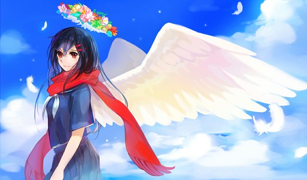 Anime picture 1149x675 with kagerou project shaft (studio) tateyama ayano zhuagui single long hair looking at viewer breasts black hair smile red eyes wide image standing sky cloud (clouds) pleated skirt angel wings white wings girl skirt
