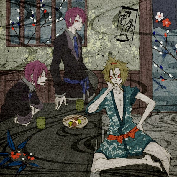 Anime picture 1039x1039 with original kokonotsu shuu iori (artist) short hair brown hair sitting purple hair mouth hold twins chin rest face paint texture boy flower (flowers) necktie food window table suit cup