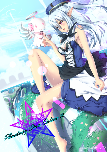 Anime picture 1358x1920 with phantasy star phantasy star online 2 sega dandou long hair tall image blush open mouth sitting purple eyes signed looking away sky silver hair cloud (clouds) pointy ears girl dress beret
