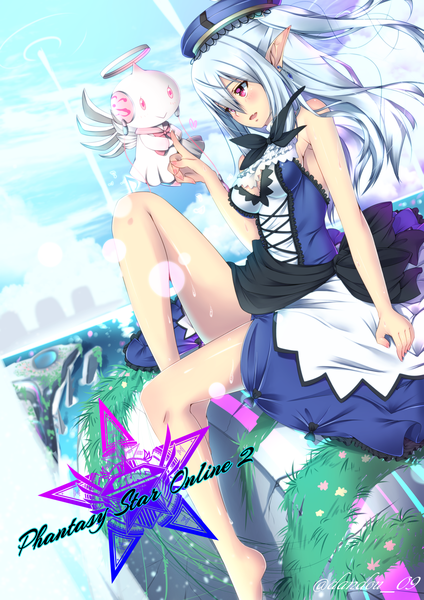 Anime-Bild 1358x1920 mit phantasy star phantasy star online 2 sega dandou long hair tall image blush open mouth sitting purple eyes signed looking away sky silver hair cloud (clouds) pointy ears girl dress beret