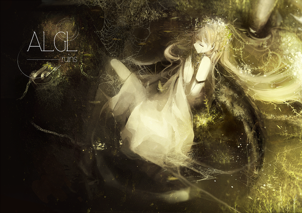 Anime picture 1000x704 with original asahiro single long hair fringe blonde hair eyes closed pale skin girl dress plant (plants) water spider web
