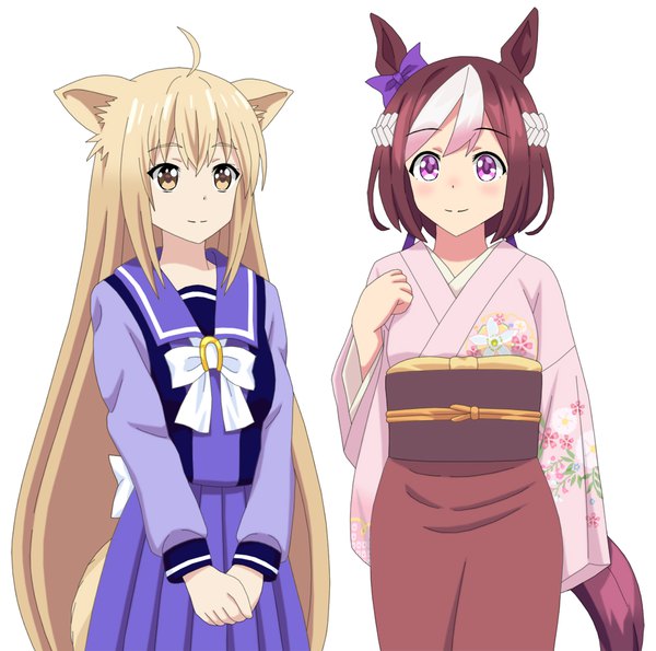 Anime picture 1000x993 with umamusume konohana kitan special week (umamusume) yuzu (konohana kitan) cp9a looking at viewer blush short hair blonde hair simple background brown hair standing white background purple eyes multiple girls animal ears yellow eyes ahoge white hair tail