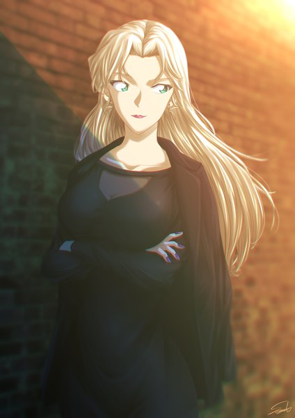 Anime picture 1240x1754 with detective conan vermouth (meitantei conan) sooma4869 single long hair tall image blonde hair standing green eyes signed looking away nail polish blurry depth of field lipstick crossed arms pink lipstick clothes on shoulders against wall brick wall