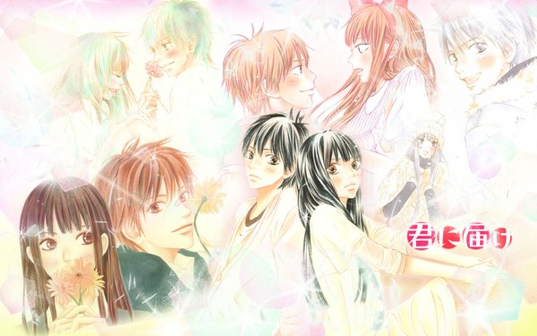 Anime picture 1680x1050 with kimi ni todoke production i.g kuronuma sawako kazehaya shouta long hair blush short hair open mouth black hair smile brown hair wide image brown eyes eyes closed profile looking back green hair orange hair wallpaper couple