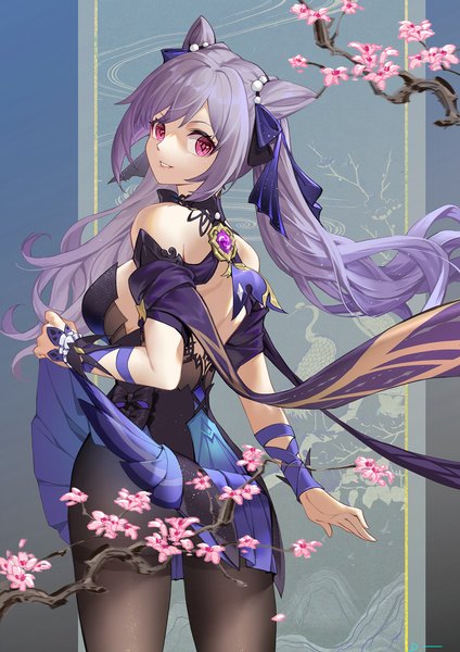 Anime picture 1500x2122 with genshin impact keqing (genshin impact) keqing (opulent splendor) (genshin impact) linreplica single long hair tall image looking at viewer blush fringe breasts light erotic hair between eyes standing twintails bare shoulders payot purple hair pink eyes looking back