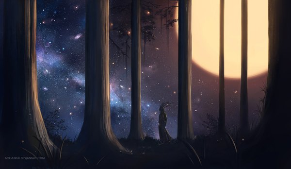Anime picture 1250x727 with megatruh single wide image standing sky profile night night sky landscape scenic boy plant (plants) tree (trees) moon star (stars) grass full moon forest