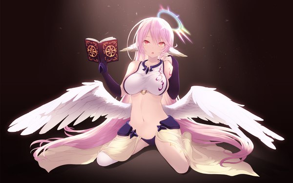 Anime picture 1920x1200 with no game no life madhouse jibril (no game no life) cait single looking at viewer fringe highres breasts open mouth light erotic hair between eyes large breasts sitting bare shoulders holding yellow eyes pink hair full body very long hair