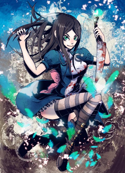 Anime picture 1638x2259 with american mcgee's alice (game) alice (american mcgee's) single long hair tall image black hair green eyes light smile girl thighhighs dress boots insect butterfly blood apron jewelry striped thighhighs knife