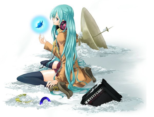 Anime picture 1194x915 with vocaloid hatsune miku koyami tsukito winter snow girl headphones insect butterfly antenna