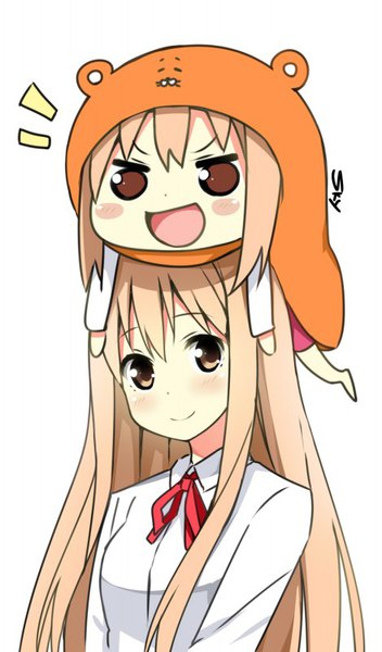 Anime picture 470x800 with himouto! umaru-chan doga kobo doma umaru komaru sky-freedom long hair tall image looking at viewer blush open mouth simple background blonde hair smile white background multiple girls brown eyes signed :d chibi dual persona