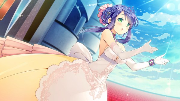 Anime picture 1280x720 with koi saku miyako ni ai no yakusoku wo ~annaffiare~ daikou wakako natsume eri single long hair open mouth wide image green eyes game cg sky cleavage purple hair cloud (clouds) sunlight girl dress gloves hair ornament bow earrings